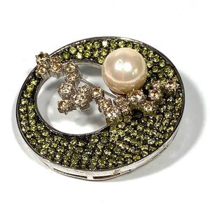 925 Brooch Pin Rhinestones Faux Pearl Large 25.42g